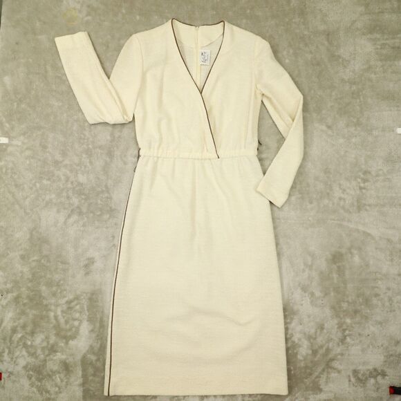 Leslie Fay Vintage 1970s Ivory Brown Trim Cross Front Dress Union Made size 8 - Picture 1 of 13